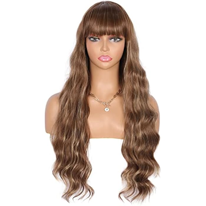 DILLARDS Kalyss 26 Inches Curly Wavy Synthetic Brown Blonde Highlights Wigs With Hair Bangs Heat Resistant Synthetic Wigs For Women Natural Looking Women's Costume Cosplay Or Daily Wear Hairpiece - Image 1